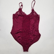 VTG Union Made SZ 36 Nylon Berry Red Lace Trim Bodysuit Teddy 80s 90s Snap