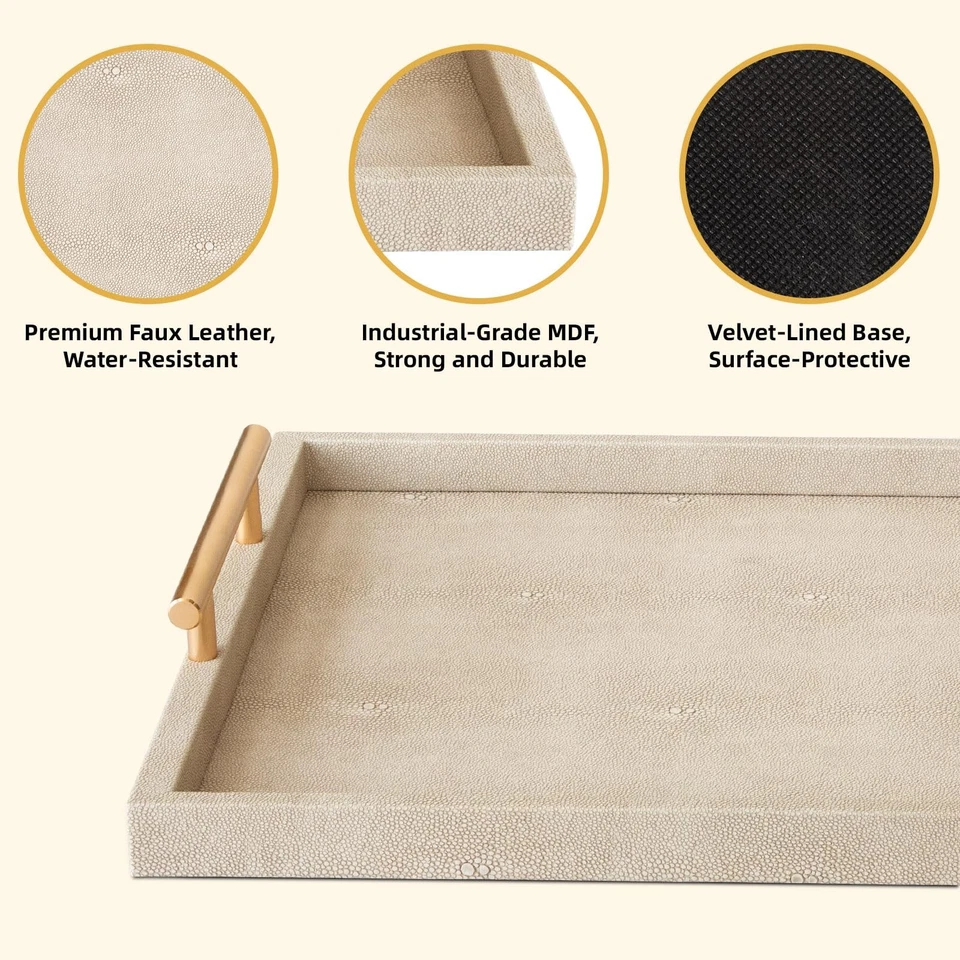 Modern Decorative Tray Set of 2 Ivory Shagreen Leather and Wood Serving Tray ... - Image 2 of 4