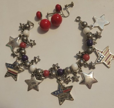 Patriotic Charm Bracelet 6'' Star Charm Cherry Red Earring 250 Year Celebration