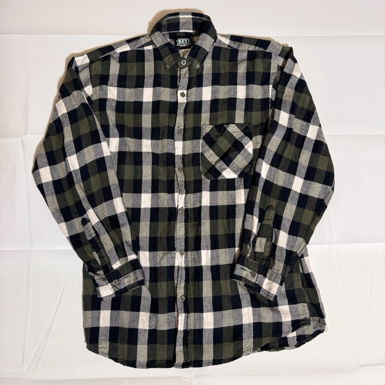 KEY Flannel, RN17754, Plaid, Long sleeve, 100% Cotton, Green, Male, Med-Reg