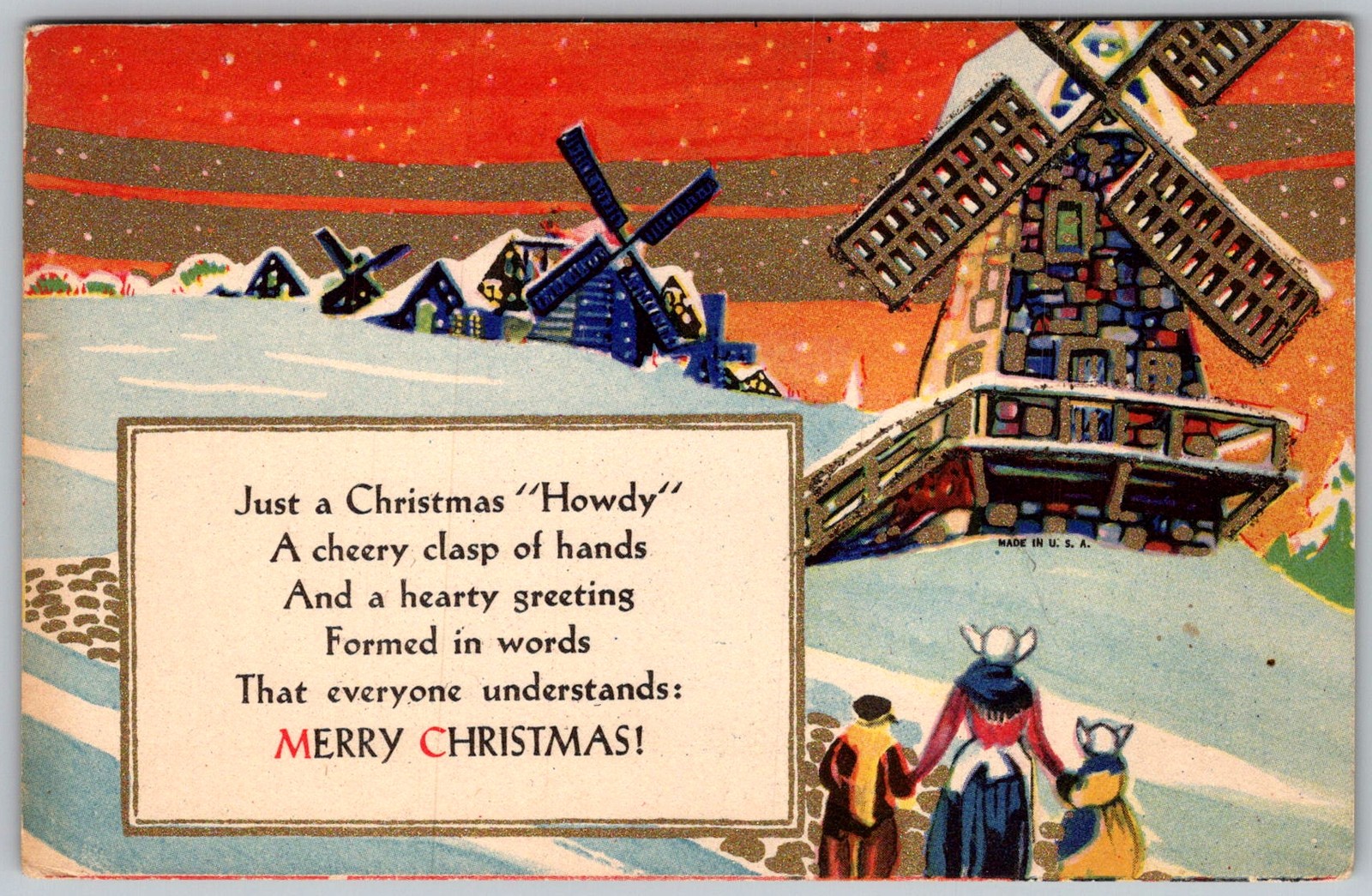 Antique Postcard Dutch Windmill Christmas Scene Netherlands 1910s