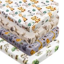 4 Pack Safari Jungle Animals Neutral Unisex Fitted Nursery Baby Sheets Set To...