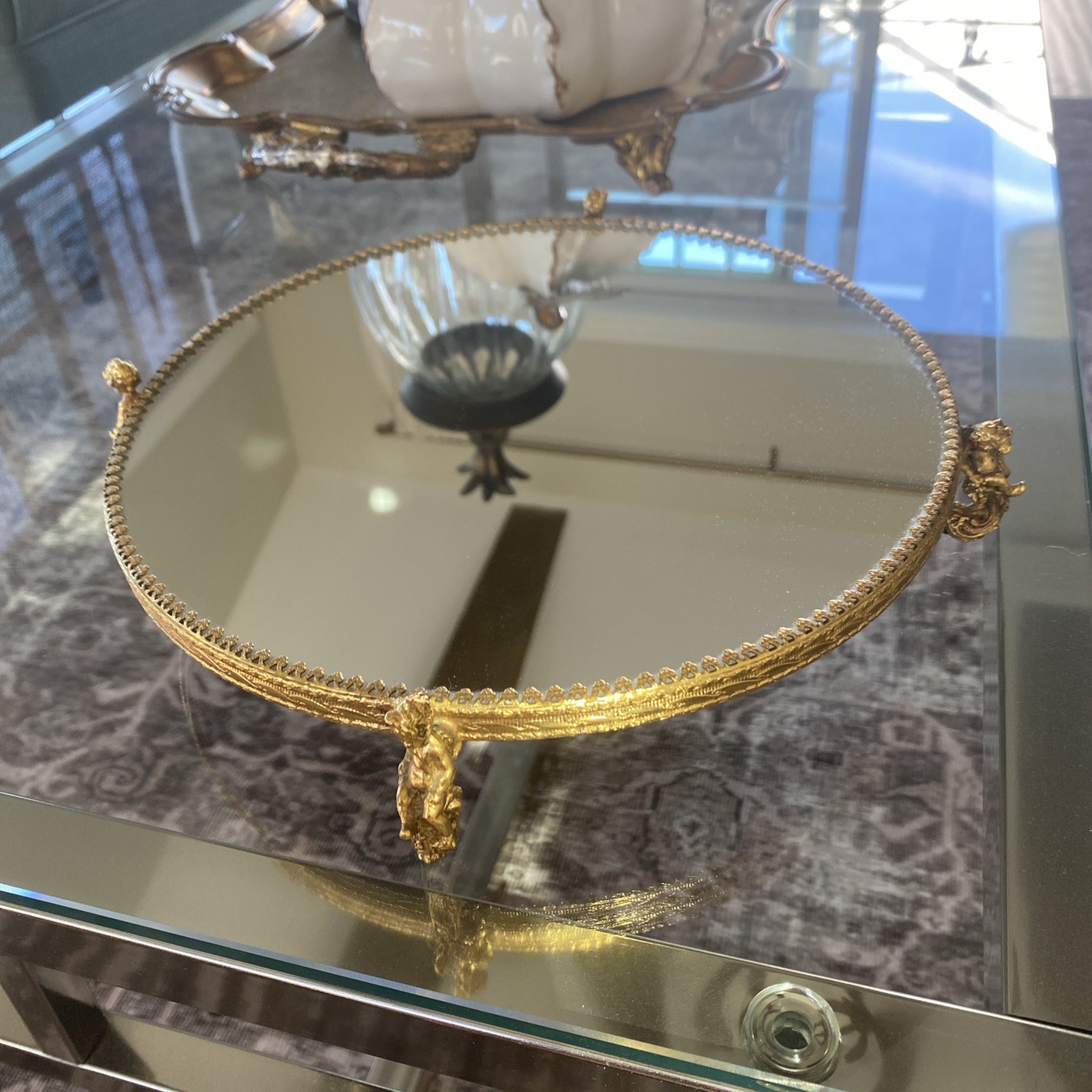 Vintage Vanity Tray Ormolu Gold Angel Cherub Footed Round Mirror 10” Style Built