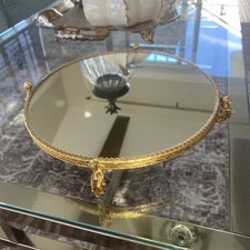 Vintage Vanity Tray Ormolu Gold Angel Cherub Footed Round Mirror 10” Style Built