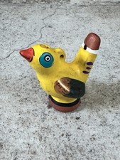 Vintage Clay Bird Whistle Hand Painted Yellow Folk Art Pottery Toy