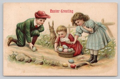 Children Roll Colored Eggs Bunny Watches  c1910  Easter Postcard