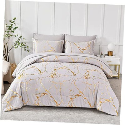  Gold Metallic Marble King Size Comforter Set,7 Piece Bed in a Bag,Foil Print 