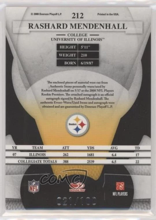 2008 Leaf Certified Materials Freshman Fabric Rashard Mendenhall Rookie Auto RC - Image 2 of 2