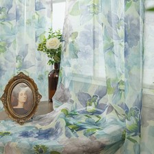 Floral Sheer Curtains 63 Inch Length Blue Flower Printed French Country Semi ...