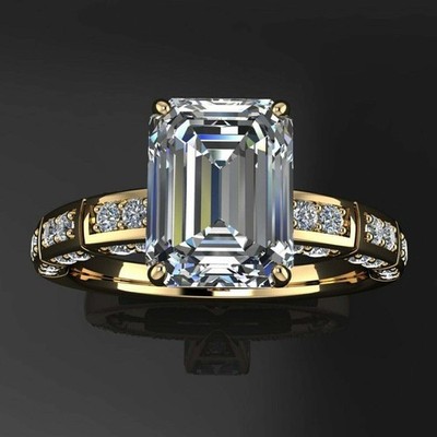 5.50 Ct Certified Emerald Cut Natural White Diamond Ring VVS1 Yellow Gold Finish