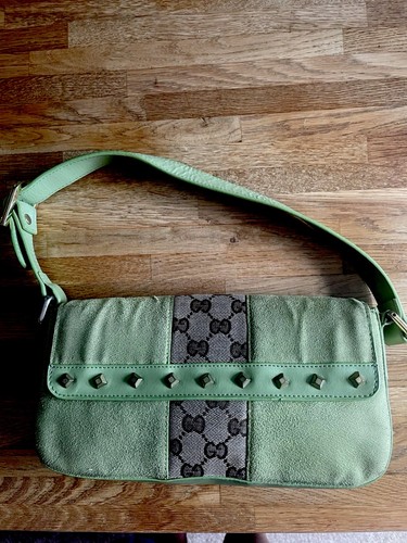 Authentic Gucci Studded Accessoire Shoulder Bag Green Suede GG Canvas Vintage