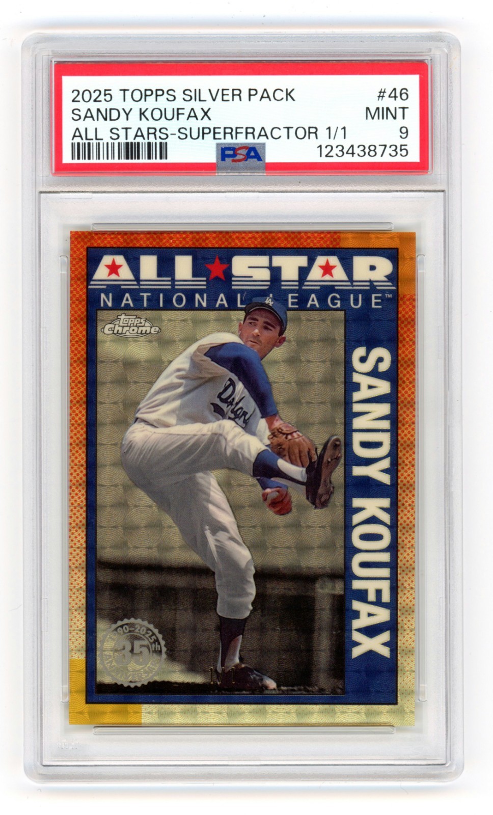 Sandy Koufax 2025 Topps Silver Pack 35th Anniversary SUPERFRACTOR 1/1 PSA 9 HOF view 2