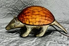 Vintage Amber Colored Glass Armadilo Table Lamp Night Light Cast Iron Body