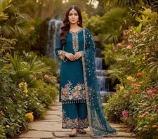 Exclusive Faux Georgette Teal Blue Top Palazzo With Dupatta For Festival Wear