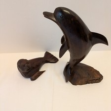 Pair Dolphin  Sea Lion Solid Polished Ironwood Nautical Ocean Seaside Carved