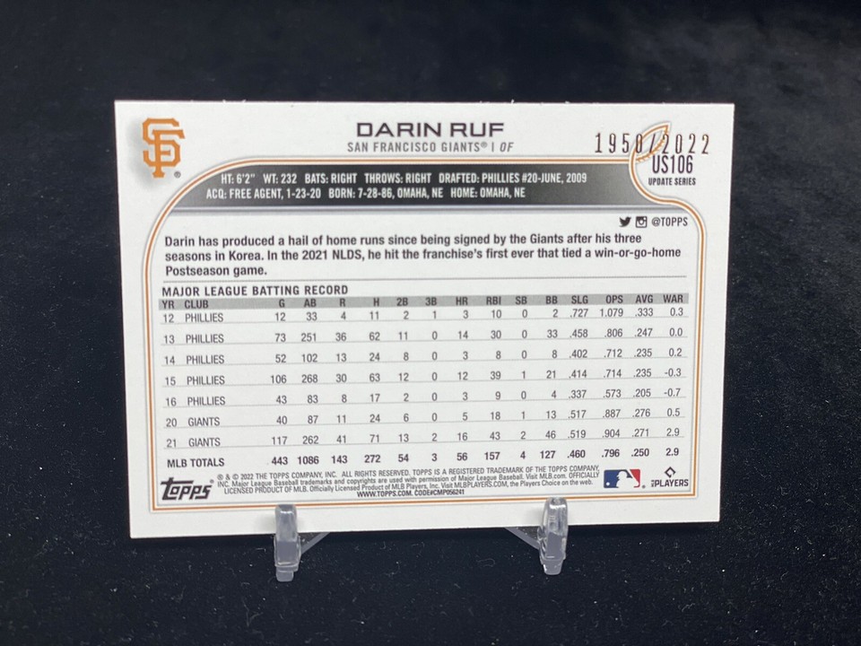 DARIN RUF 2022 TOPPS UPDATE #US106 GOLD /2022 [ SAN FRANCISCO GIANTS ...