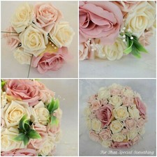 Wedding Bouquet Posy Flowers Dusky Pink, Silk Large Rose Greenery grass leaf