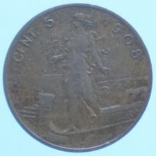 VITTORIO EMANUELE III 5 CENTESIMI 1908 ITALIA SU PRORA RAME COPPER COIN qBB 
