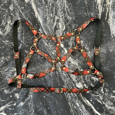 Red Plaid Tartan Punk Gothic Bra Strappy Harness Daisy Corsets Dolls Kill Daisy Corsets Plaid Triangle Body Harness - Red/Black  main image 3