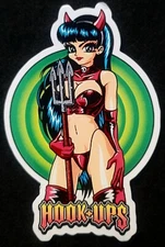 HOOK UPS STICKER " SEXY RED LEATHER DEVIL" 3 X 4 1/4" VINTAGE STYLE GLOSSY