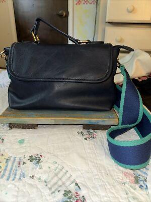 Ah-Domed Navy Blue Cross Body Messenger Bag Vegan W/Striped Wide Strap (AJ)