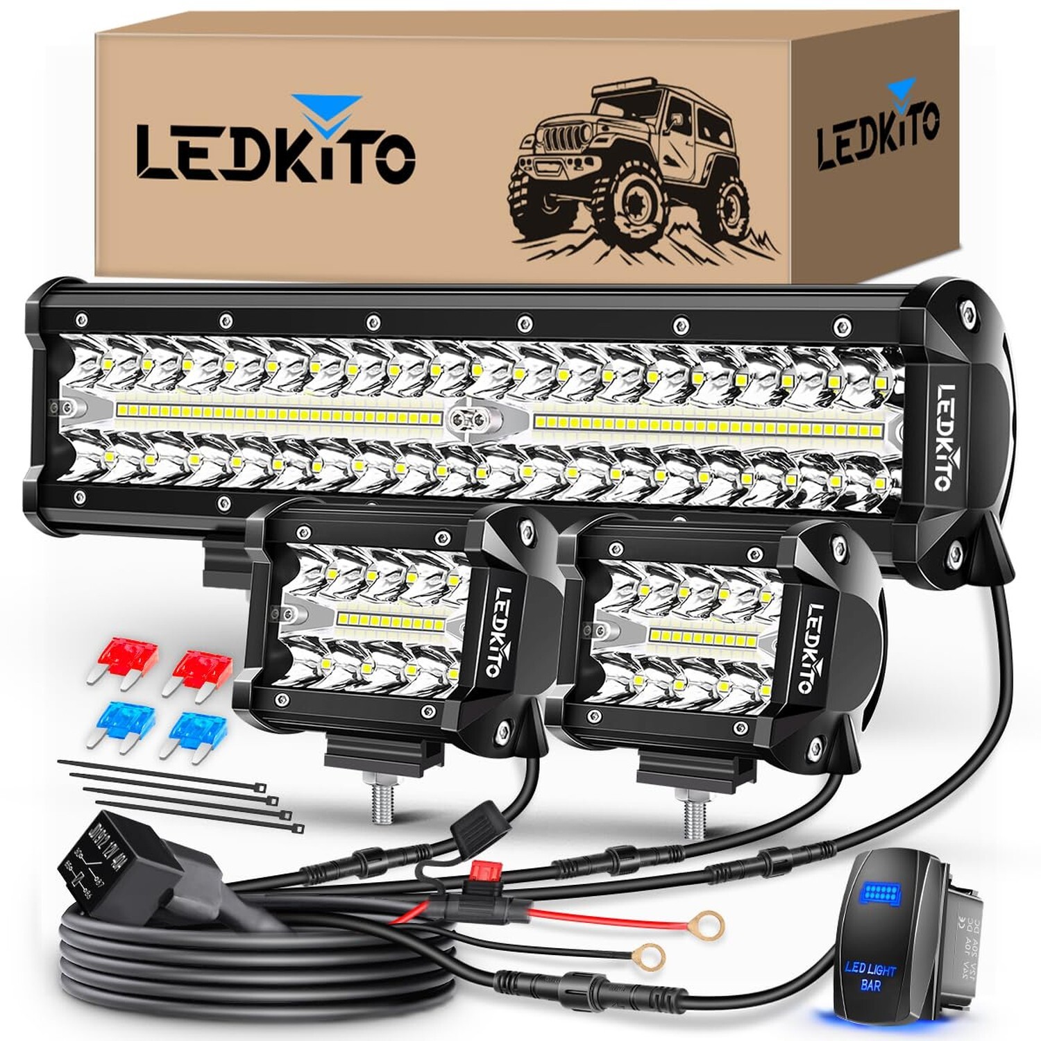 12 Inch LED Light Bar and 2PCS 4 Inch LED Pods with Rocker Switch 3 Lead Wiri...