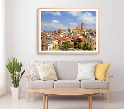 Cityscape Print, Wall Art, Buildings Framed City Wall Art, Blue Cloudy Sky