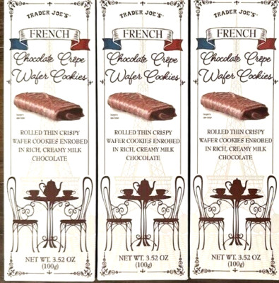 3 Packs Trader Joe's French Chocolate Crepe Wafer Cookies 3.52 oz Each Pack