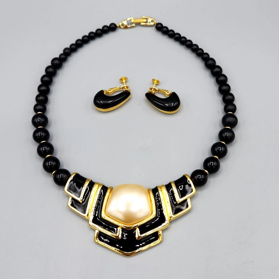 1980s Napier Black Enamel Lucite Gold Tone Faux Pearl Necklace & Clip Earrings - Image 2 of 4