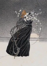 Repro Nouveau Postcard: Woman in Black Dress, Snow, Full Moon, Roses, Winter