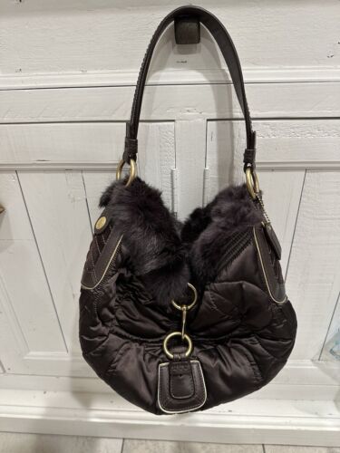 Brown Coach G05K-3586 Brown Shoulder Handbag with Rabbit Fur Trim PERFECT!