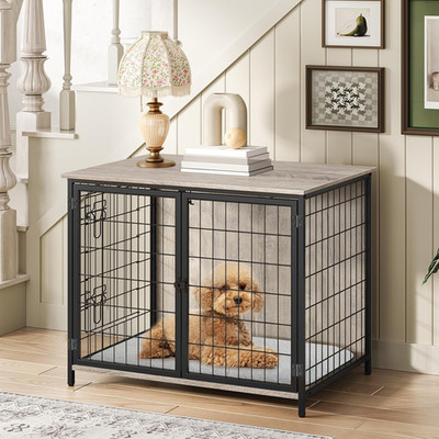 Wooden Dog Crate Furniture with Cushion, Heavy Duty for All Dog Sizes, Greige