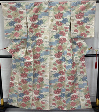 Japanese Vintage Kimono Silk White Tumugi Traditional Authentic Length 61 in