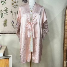 Vintage 80s 90s Pastel Pink Satin Lace Tie Front Robe Coquette Romantic OS