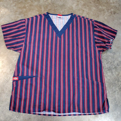 Dickies Scrubs Top Women Sz Med(?)Navy Red & Wht Stripe V-Neck Uniform Stretch