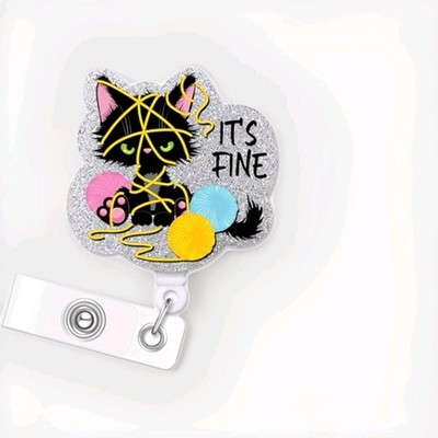 It's Fine Black Cat Badge Reel, ID Badge Holder, Nurse Reel,  Retractable Reel