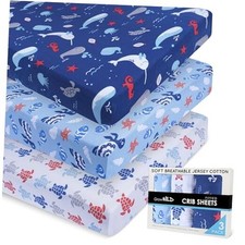 Baby Crib Sheets for Boys 3 Pack - Jersey Knit Fitted Sheet 52" Blue Ocean