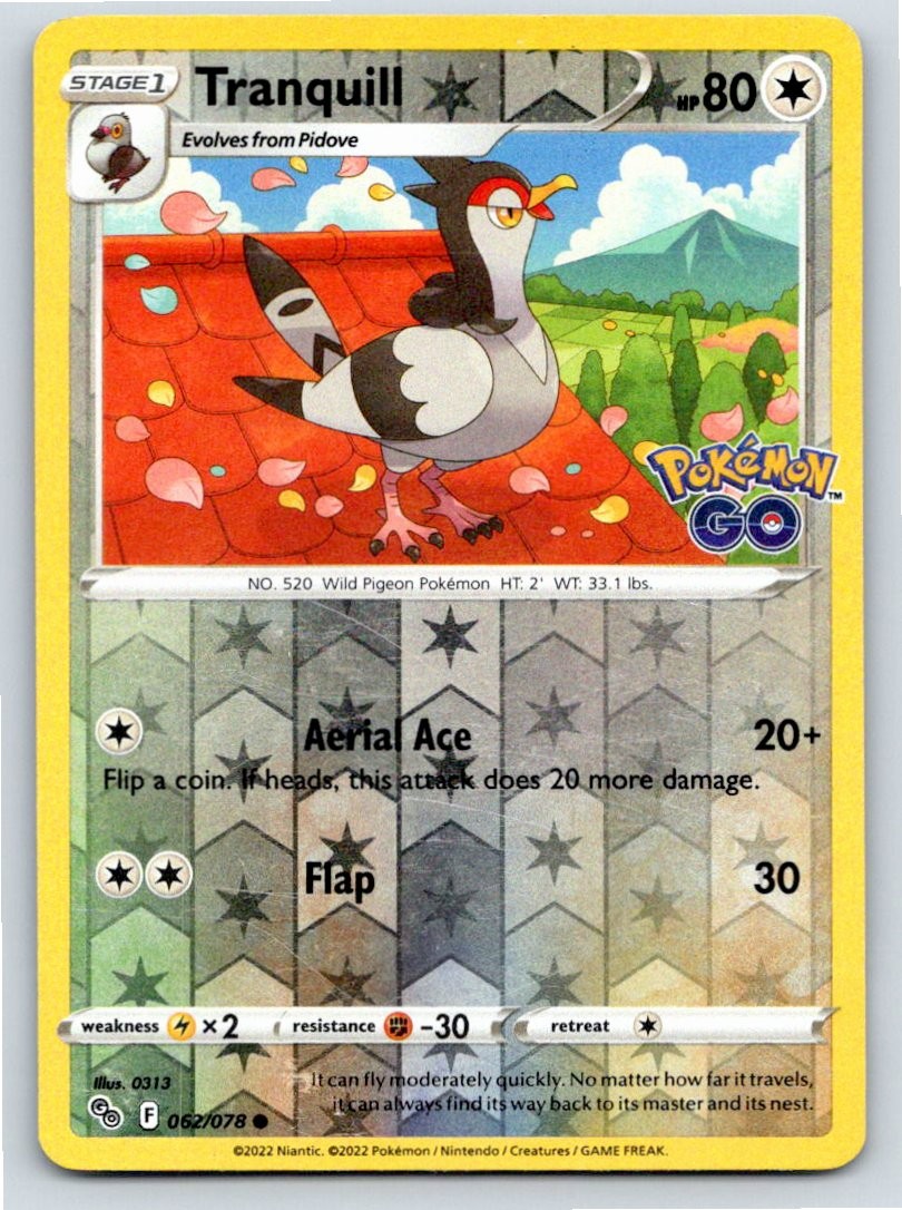 2022 POKEMON TRANQUILL POKEMON GO 062/078 REVERSE HOLO C NM A70227 FREE S&H