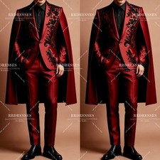 Silk Satin Men's Suit with Cape Burgundy Prom 2Pcs Wedding Hosting Jacket Blazer