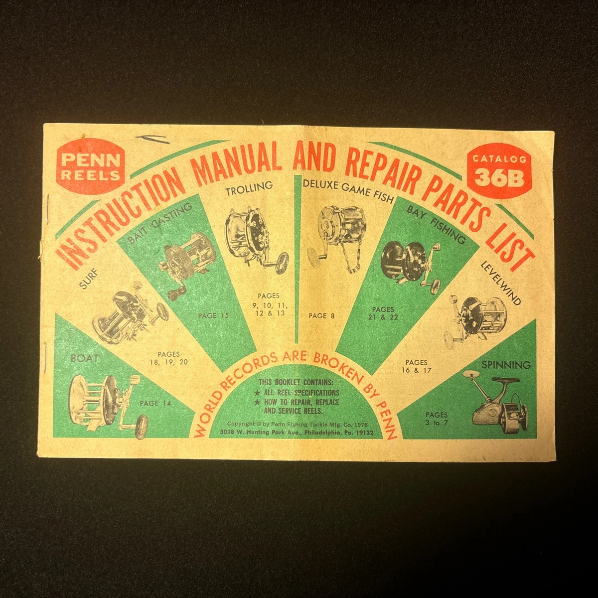 Catalogue Vintage PENN REELS No. 22 - Manuel D'instructions Et Liste De Pièces Détachées