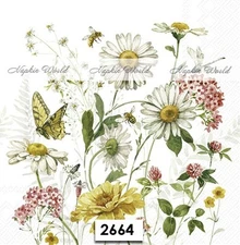 (2664) TWO Paper LUNCHEON Decoupage Art Craft Napkins - WILDFLOWERS BUTTERFLY
