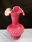 Fenton Pink Wild Rose Overlay Glass Hobnail Large Double Crimped Vase 10 1/4"
