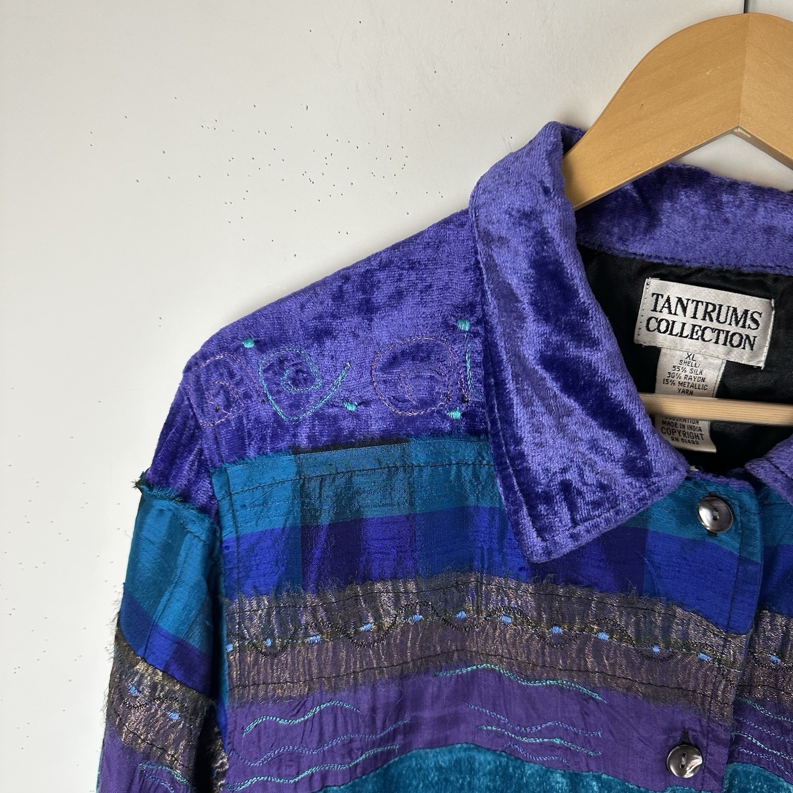 Vtg Tantrums Blazer Jacket Patchwork Blue Purple … - image 2