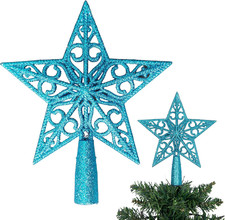 14.5Cm Ice Blue Glitter Star Christmas Tree Topper Shatterproof for Christmas Tr