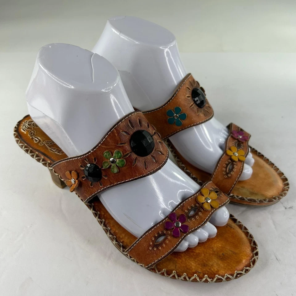 Spring Step VIA CA Brown Leather Floral Slide US 9.5 Kitten Heels Sandals Shoes  - Image 3 of 4