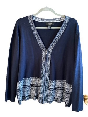 Jenny XL Acrylic Knit Cardigan Navy With Nordic Trim Long Sleeve Full Zip