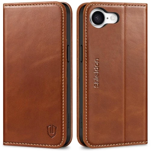 SHIELDON Case for iPhone 16e 5G 6.1", Genuine Leather Wallet Case