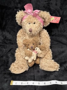 Russ Mama Bear Plush 14" with Baby Bear, Doll, Pink Bow, 2001
