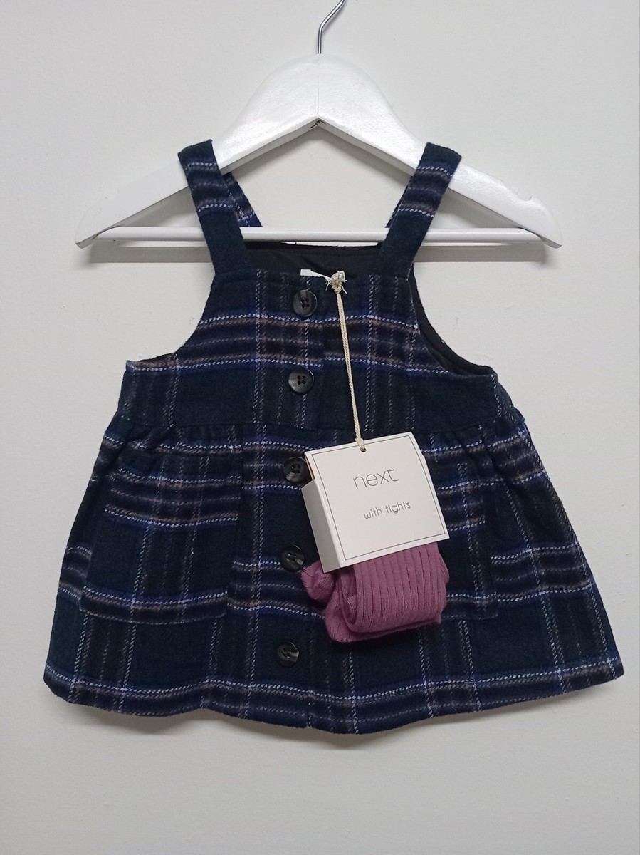 Next Baby Girls Dress Pinafore With Tights Blue Checked Age 3-6