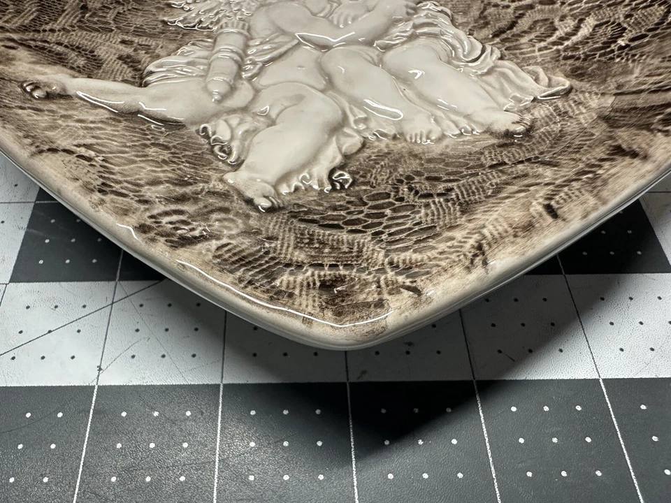 Heart Shaped Ceramic Brown White 3D Plate With Angel Cherubs Embossed Lace Italy - Image 3 of 4